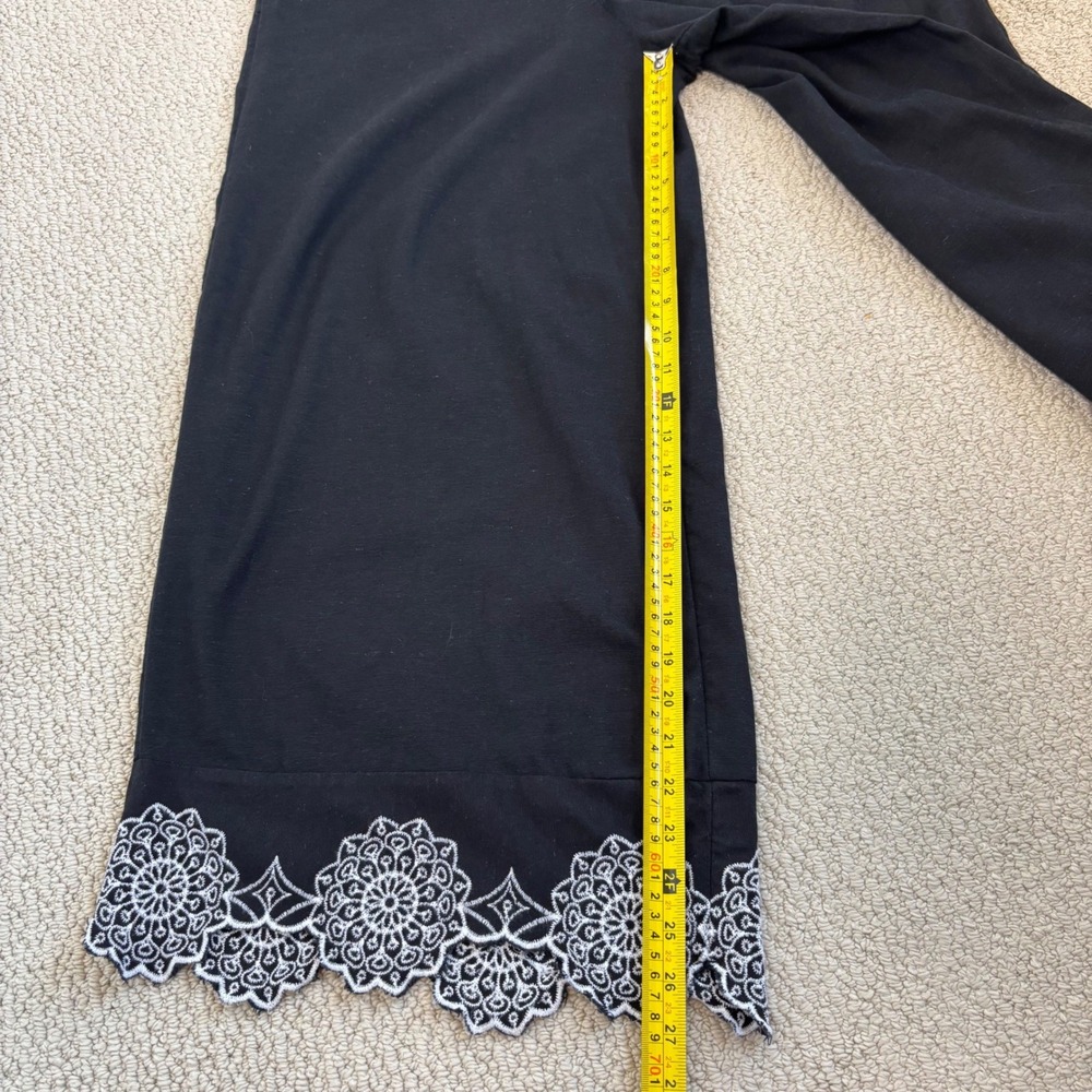 Midnight Sky Black Linen Blend Wide Leg Crop Pants White Lace Hem, Large Lagen - Picture 10 of 16
